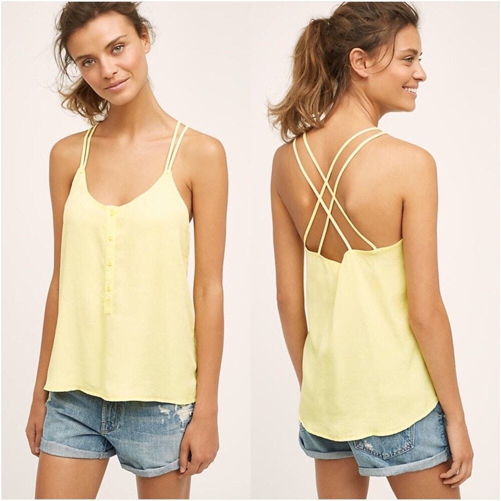 Anthropologie Cloth and Stone Yellow Tencel Criss Cross Button Boho Tank Top S